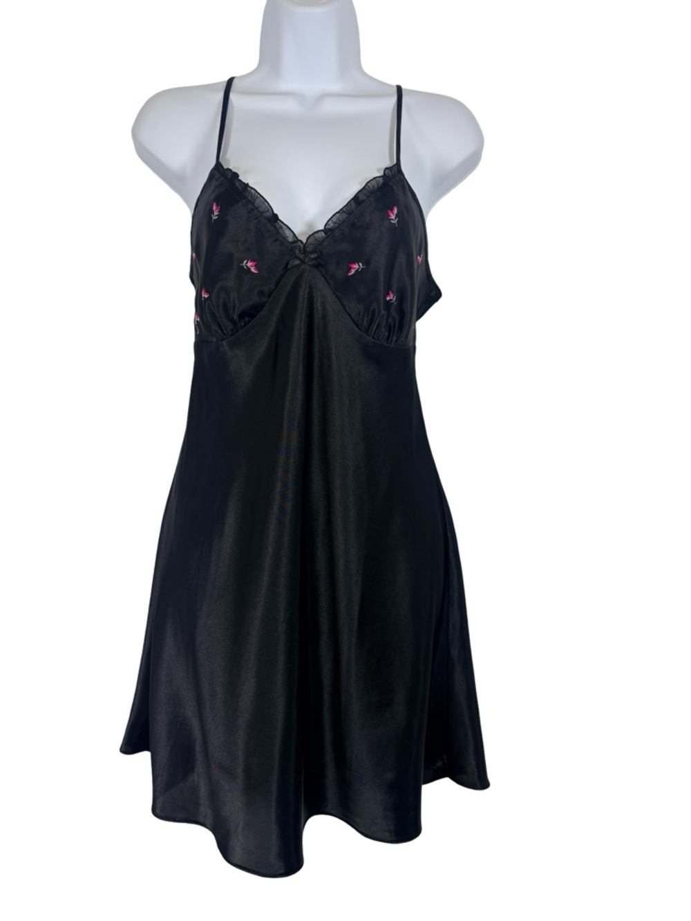 Adonna Black Satin Chemise with Pink Floral Embroidery Lingerie Dress SzM